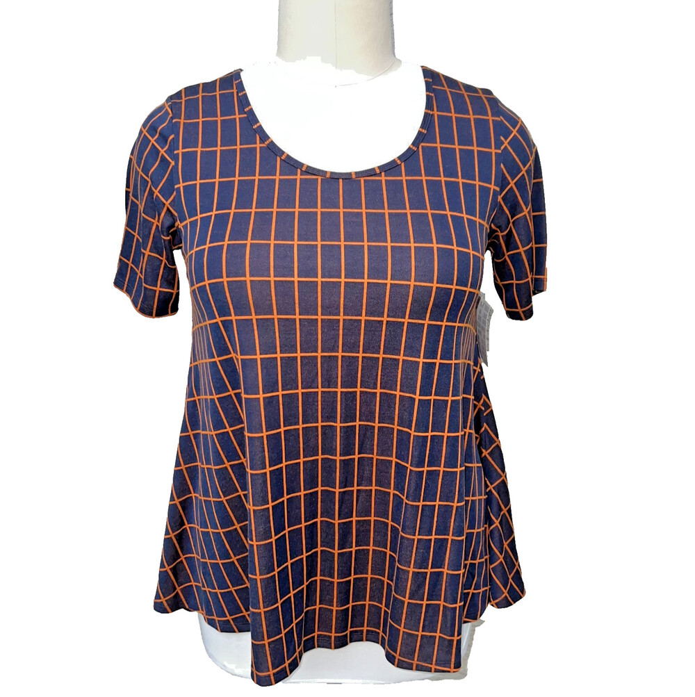 LuLaRoe NWT Perfect Tee Shirt Womens L Scoop Neck Flare Hem Checkered Print Shor